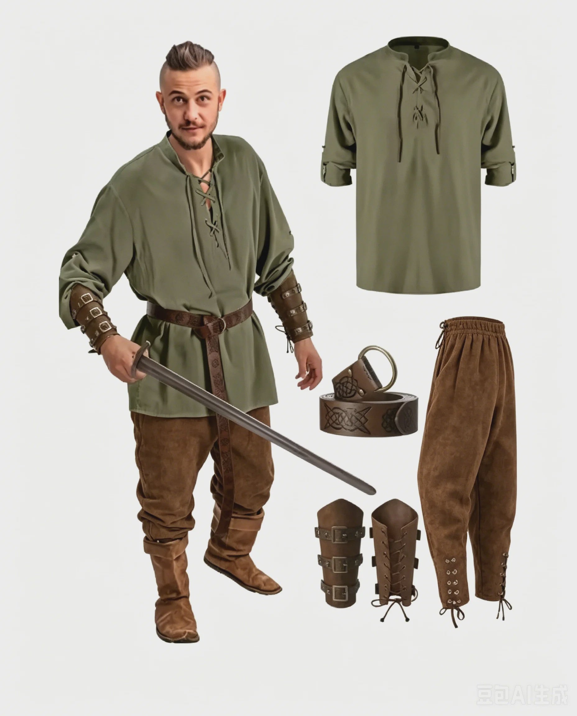 Herencostuum Middeleeuwse Piraat/Viking - Renaissance Set met Shirt, Broek, Riem & Armboeien