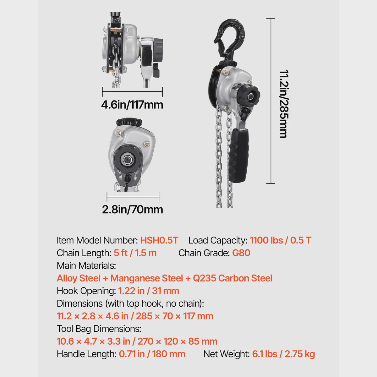 Handkettingtakel 0.5T/0.25T - 5/10/20FT Hefhoogte - G80 Staalketen - Dubbele Rem