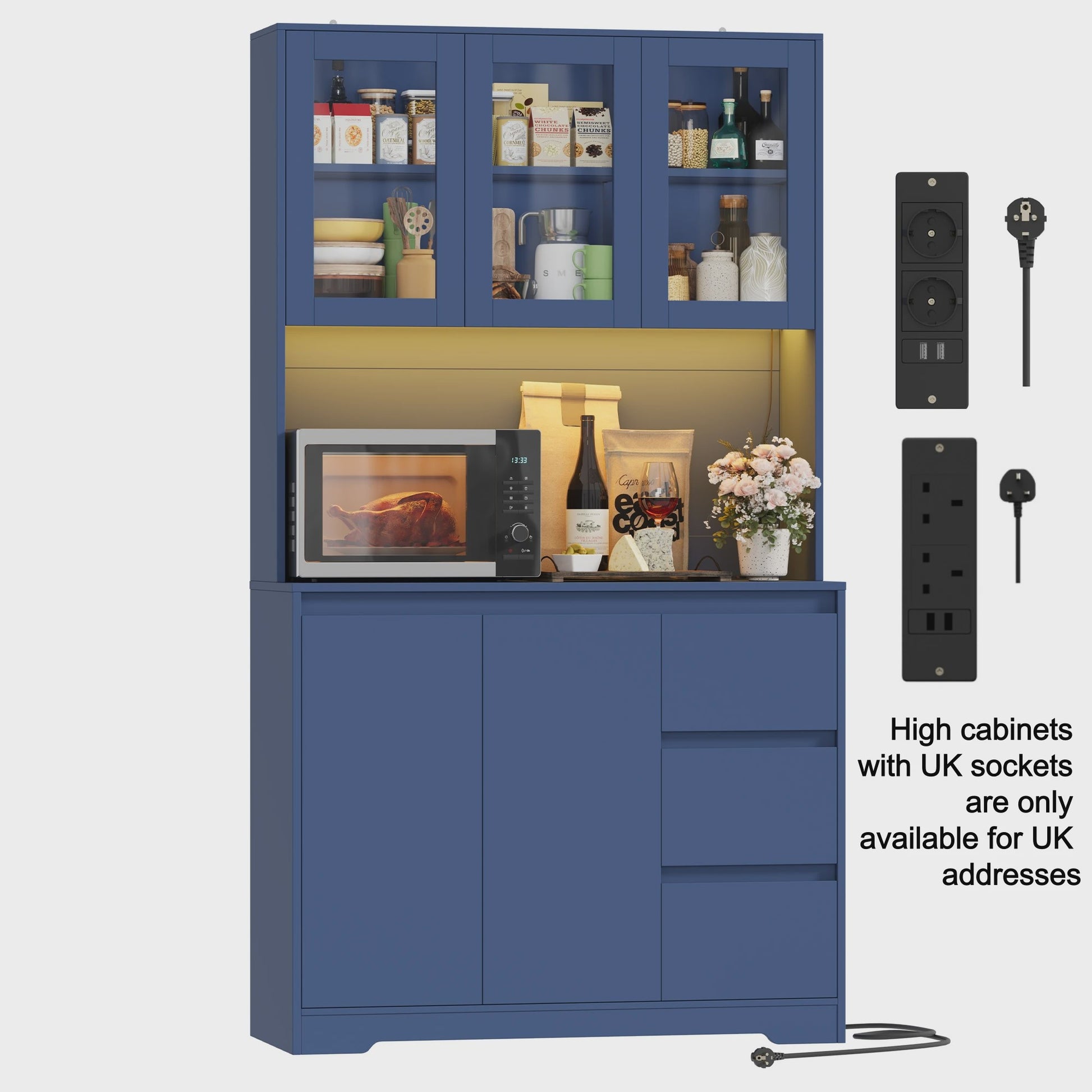 Keuken Buffetkast met LED Verlichting, 3 Lades en Stopcontacten - 100x38.5x180cm