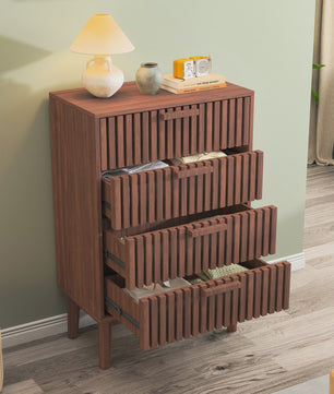 Ladekast met 4 laden, eikenhout look, massief houten poten - Decoratieve opberger voor hal, woonkamer of slaapkamer (60x34x91 cm)