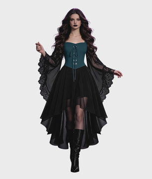 Dames Heksenjurk met Pofmouwen - Middeleeuwse & Gothische Renaissance Stijl voor Halloween & Cosplay