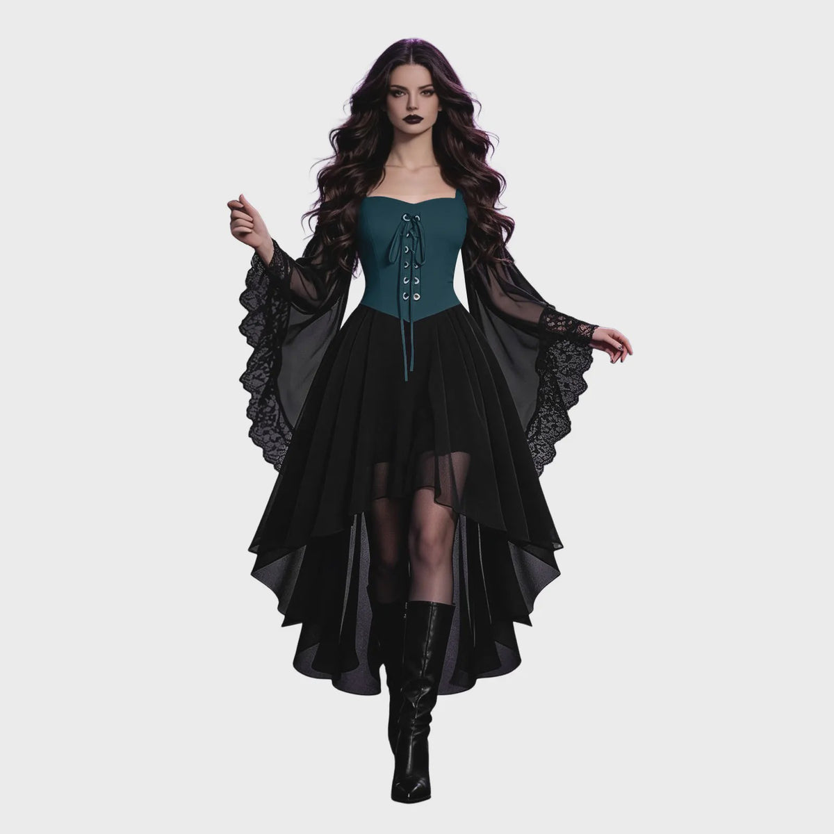 Dames Heksenjurk met Pofmouwen - Middeleeuwse & Gothische Renaissance Stijl voor Halloween & Cosplay