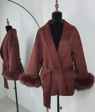 Luxe Dames Woljas met Bontkraag en Riem - Kort & Elegant