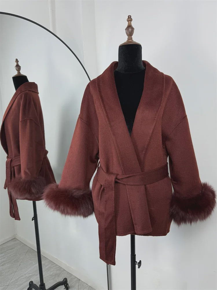 Luxe Dames Woljas met Bontkraag en Riem - Kort & Elegant