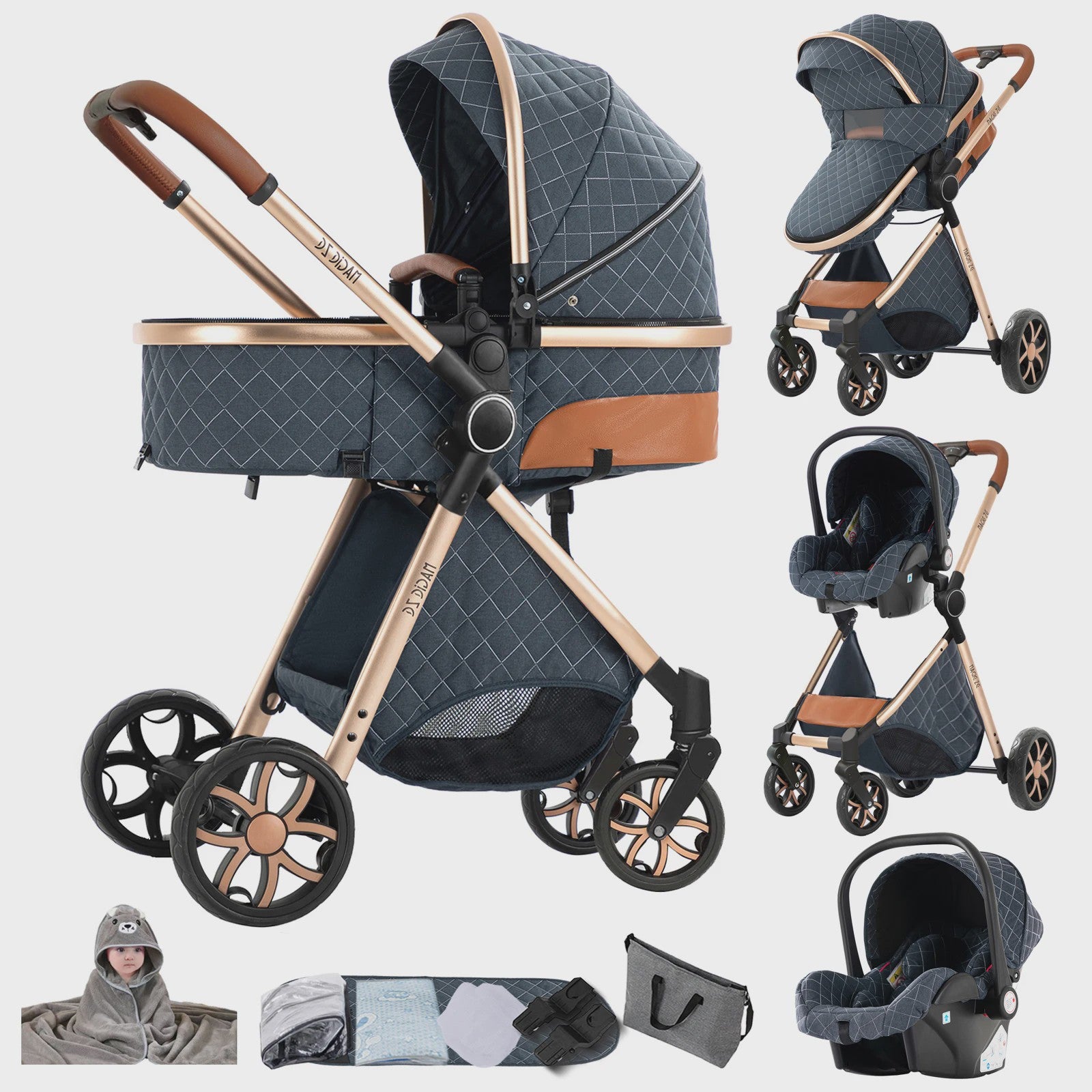 Magic ZC Premium 3-in-1 Baby Reiswieg & Kinderwagen Set - Luxe Beige, Compact, Inclusief Autostoel & Draagmand, Geschikt Vanaf Geboorte