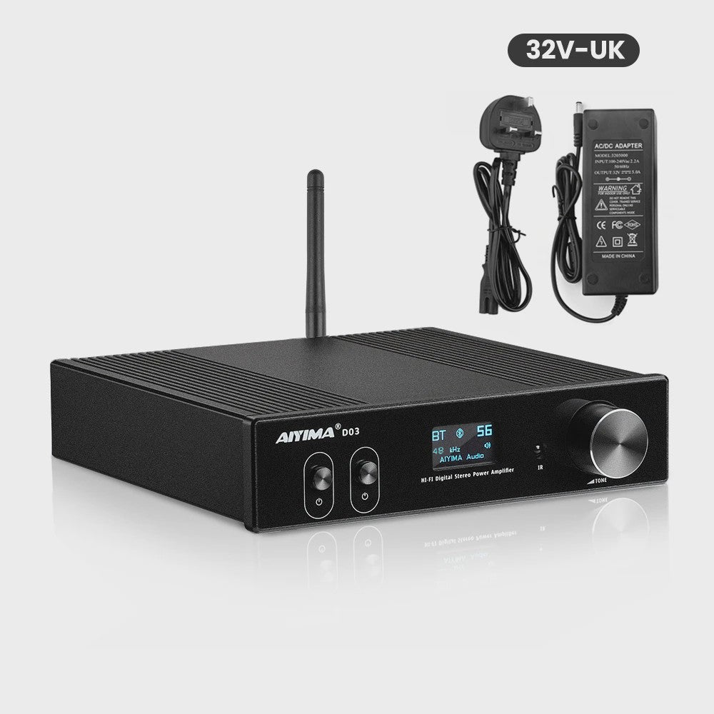 AIYIMA D03 Bluetooth 5.2 Versterker 2x150W RMS met Subwoofer Uitgang, USB DAC & OLED Display