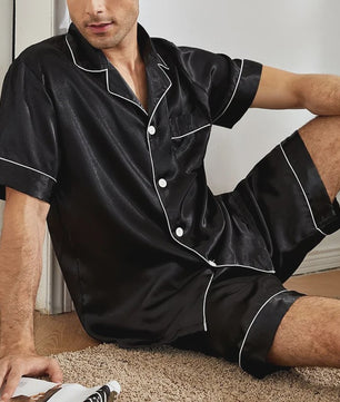 Heren Satin Pyjama Set Korte Mouw - Zomer Nachtkleding met Knopen Shirt & Elastische Short