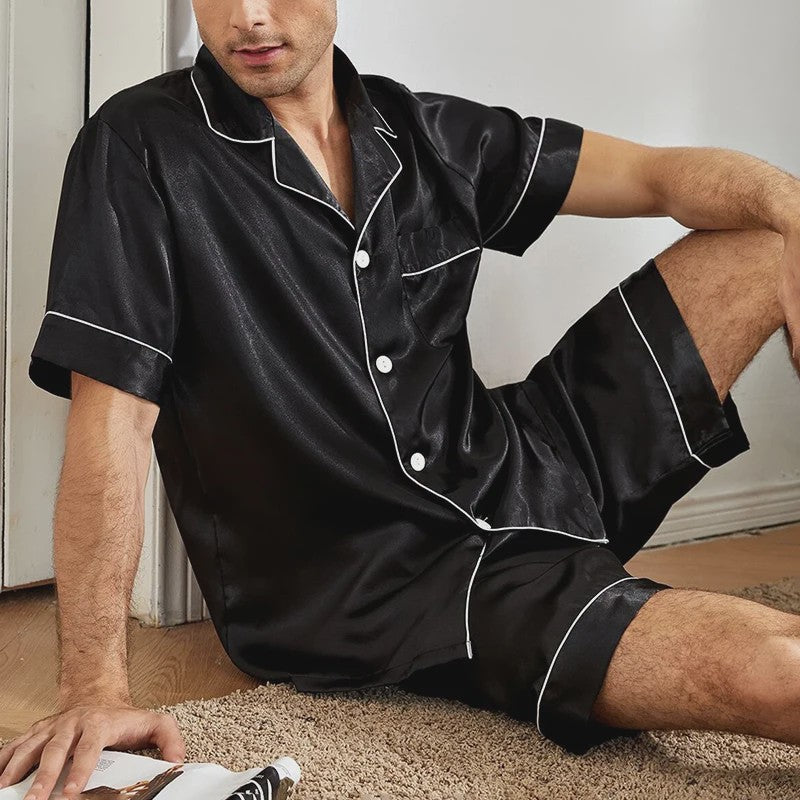 Heren Satin Pyjama Set Korte Mouw - Zomer Nachtkleding met Knopen Shirt & Elastische Short