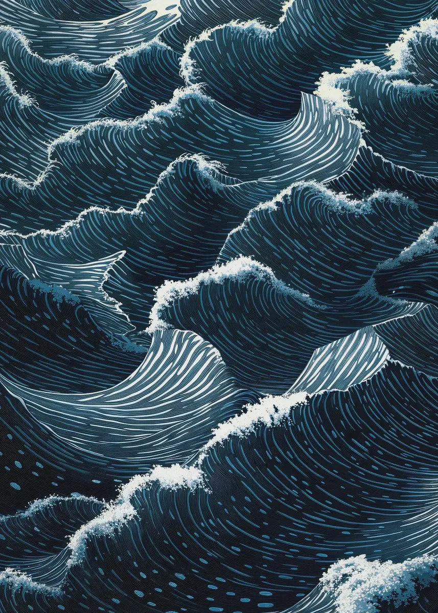 Abstracte Blauwe Golven Canvas Poster - Japandi Zen Stijl Wanddecoratie
