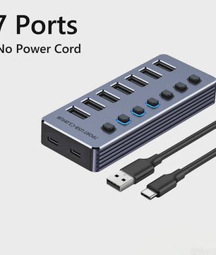 10-Poorts USB 3.0 Hub met 5Gbps Snelheid, Individuele Schakelaars en Krachtige Adapter
