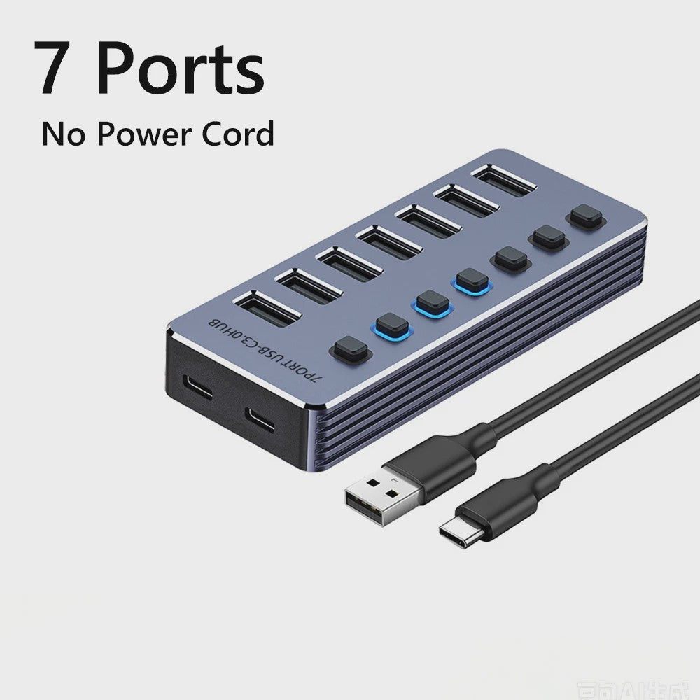 10-Poorts USB 3.0 Hub met 5Gbps Snelheid, Individuele Schakelaars en Krachtige Adapter