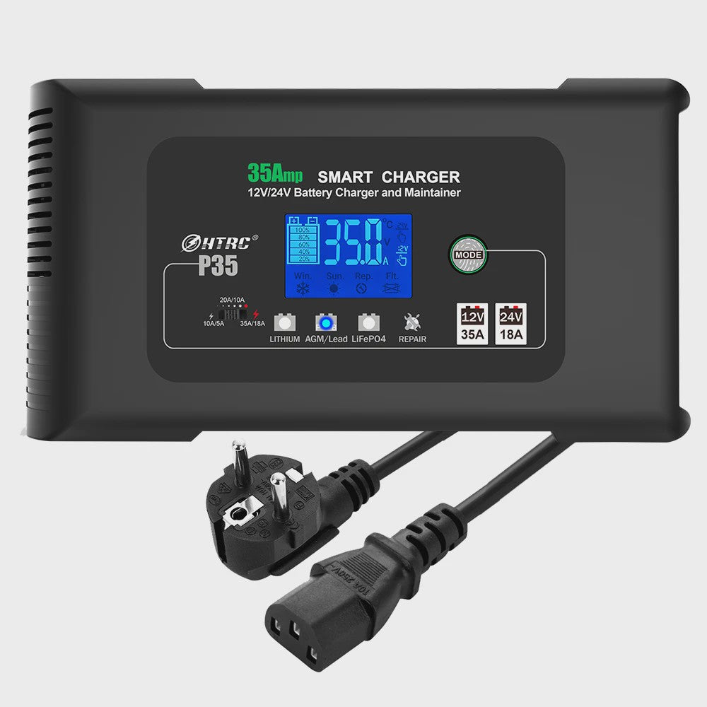 HTRC 35A Slimme Acculader 12V/24V voor Auto, Motor, Vrachtwagen - AGM, GEL, LCD Display