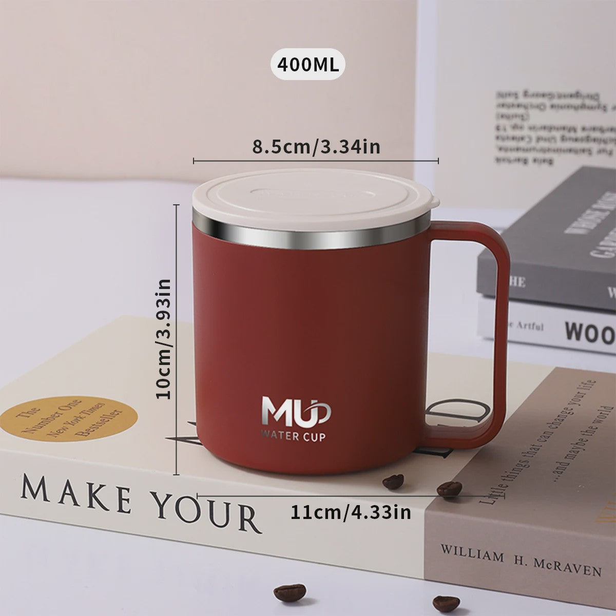 Geïsoleerde Koffiemok met Deksel - 400ML Dubbelwandig RVS Drinkbeker