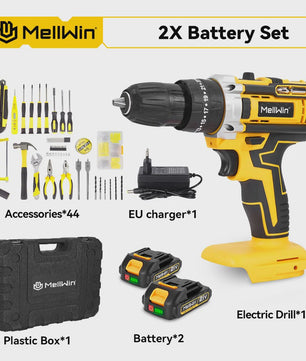 MELLWIN Accuboormachine Set 25+3 Nm - 3 Functies, 10mm Klopboorfunctie, Inclusief Koffer & Accessoires