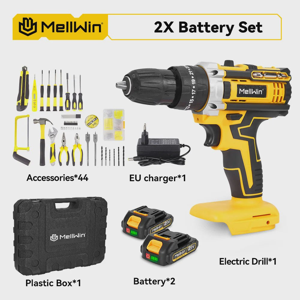 MELLWIN Accuboormachine Set 25+3 Nm - 3 Functies, 10mm Klopboorfunctie, Inclusief Koffer & Accessoires