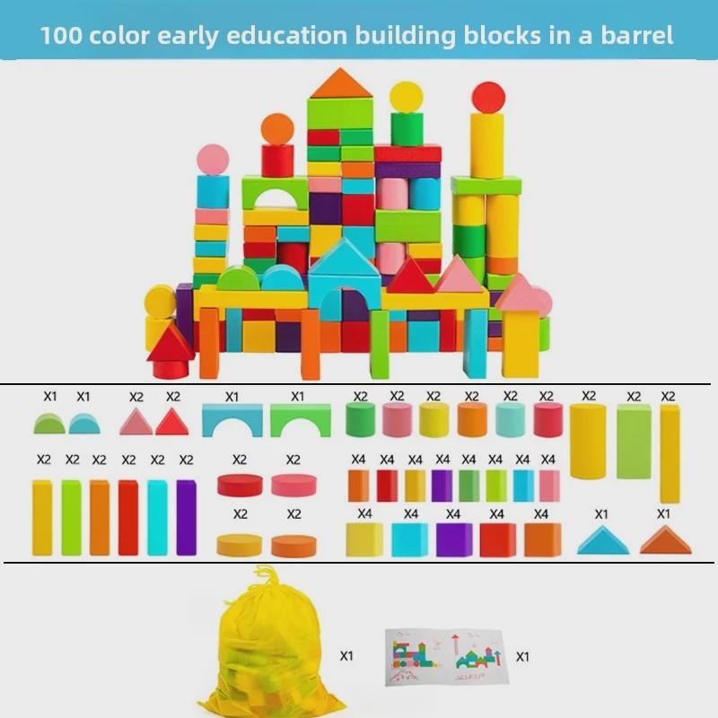 Houten Blokken Speelgoed - 100 Stuks Gekleurde Bouwblokken voor Vroege Educatie en Cognitieve Ontwikkeling