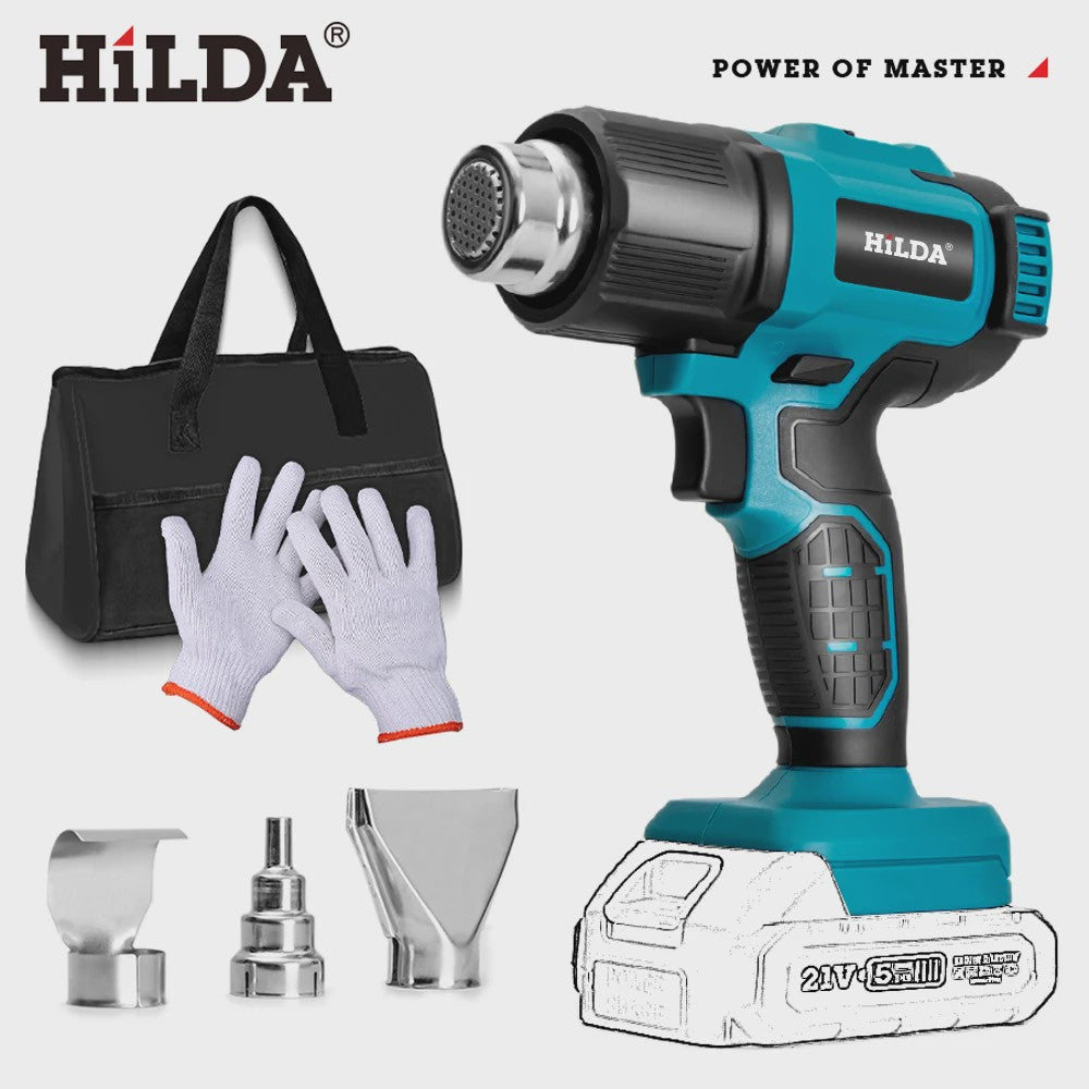 HILDA 21V Draadloze Hete Lucht Föhn - Oplaadbaar, Compatibel met Makita Batterij, Inclusief Mondstukken