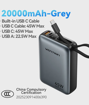 Vention 45W 20000mAh Powerbank - Snelladen voor iPhone, Samsung & Xiaomi