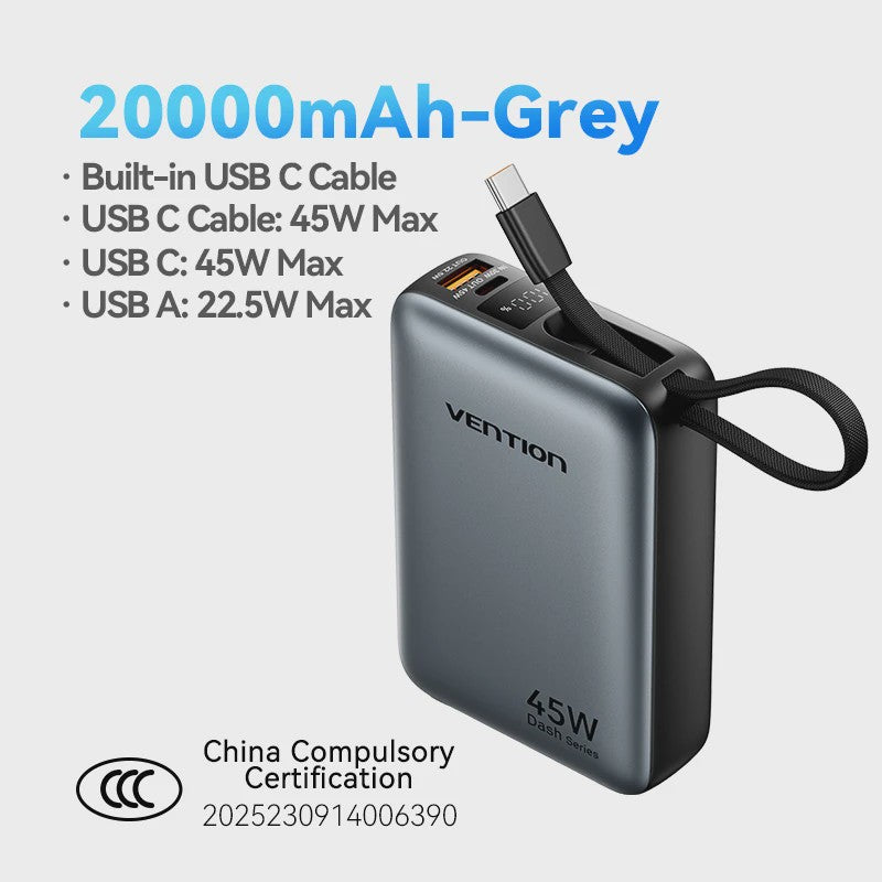 Vention 45W 20000mAh Powerbank - Snelladen voor iPhone, Samsung & Xiaomi