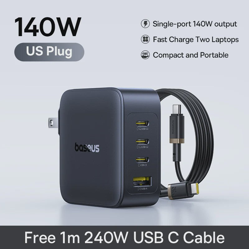 Baseus 140W GaN Snellader - Krachtige PD USB-C Oplader voor Laptop, Tablet & Smartphone
