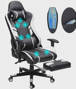 Ergonomische Massage Gaming Stoel met Voetensteun en Lendensteun - Verstelbaar