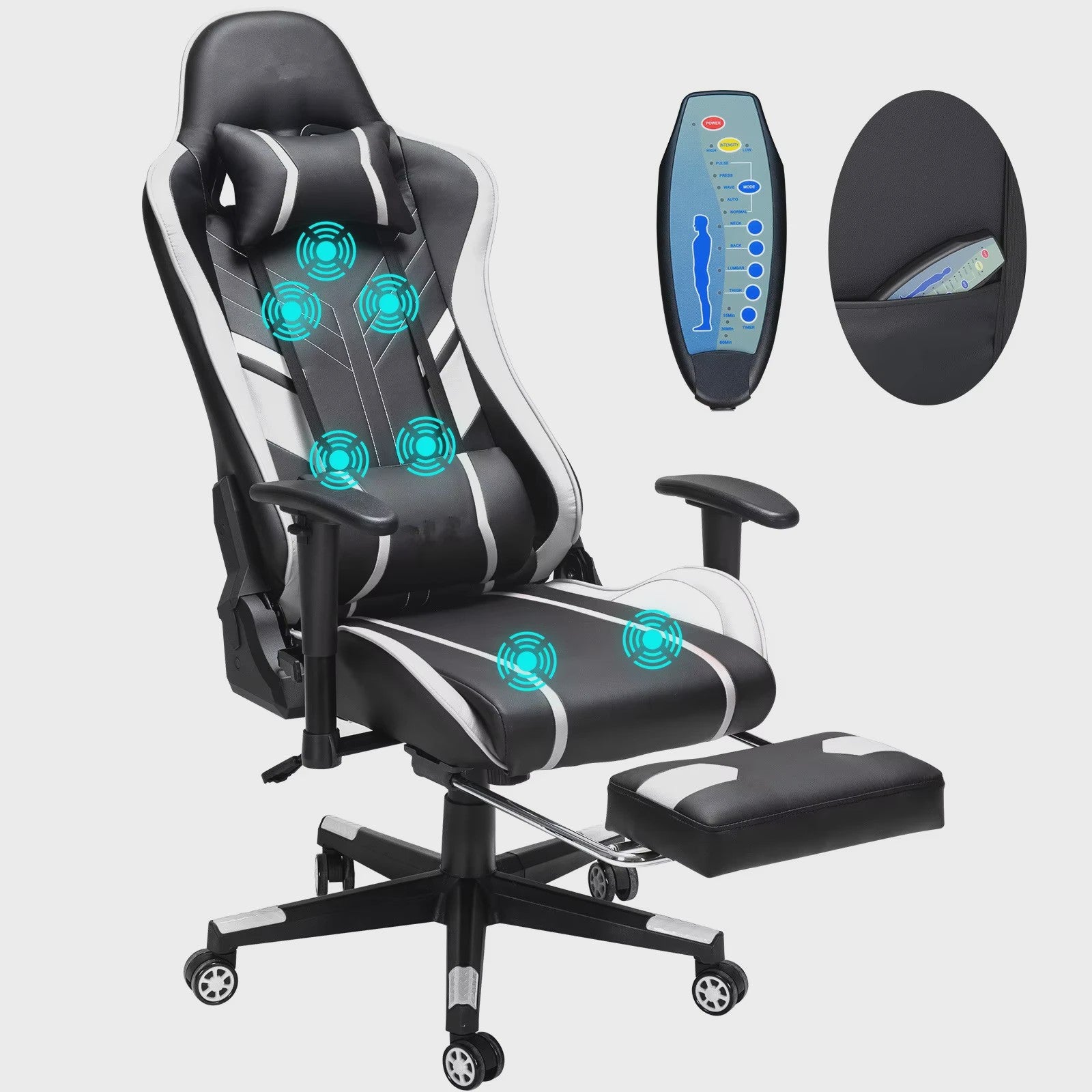 Ergonomische Massage Gaming Stoel met Voetensteun en Lendensteun - Verstelbaar