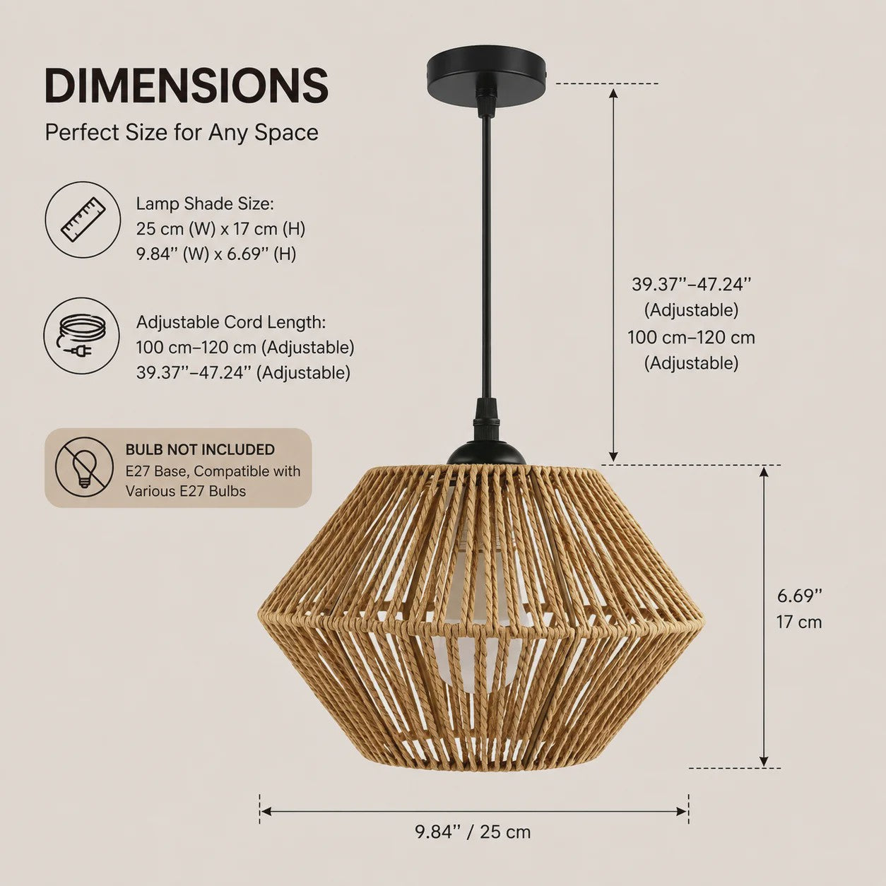 Hanglamp Gevlochten Hennep Touw met E27 Fitting - 1.2m Verstelbaar - Sfeervolle Decoratie