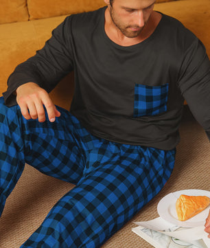 Heren Pyjama Set: Comfortabele Lange Mouwen & Ruitjes Broek voor Herfst/Winter