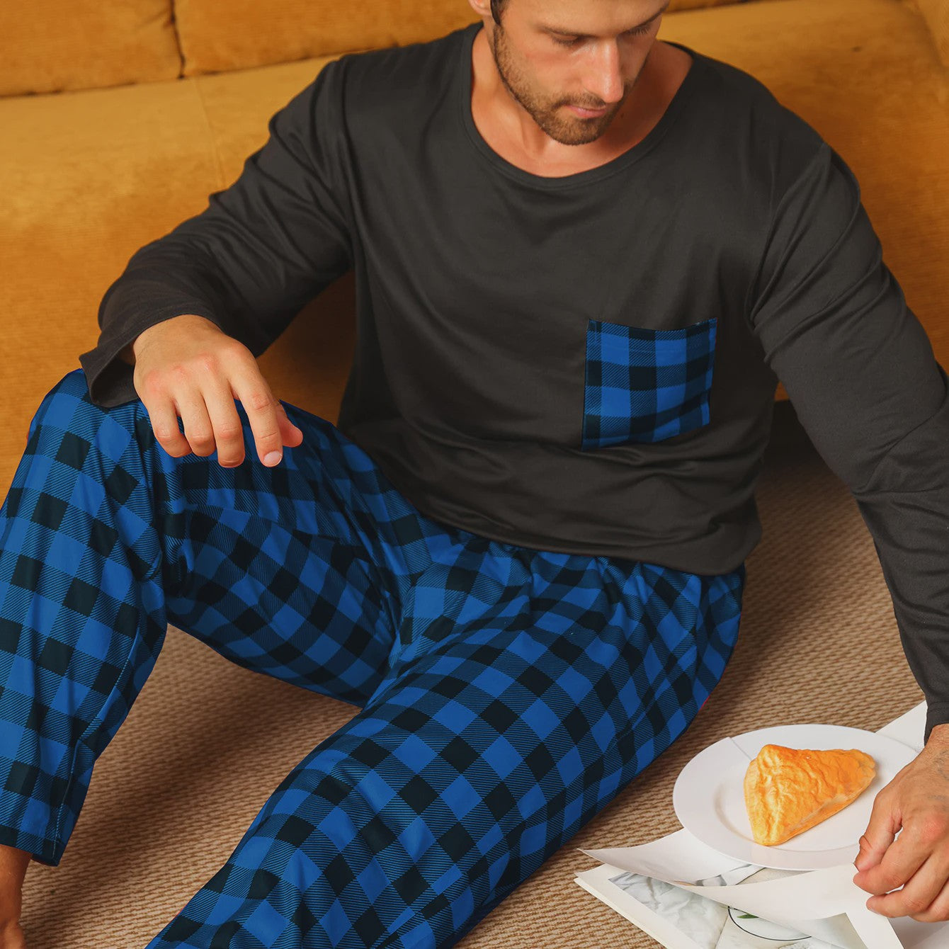 Heren Pyjama Set: Comfortabele Lange Mouwen & Ruitjes Broek voor Herfst/Winter