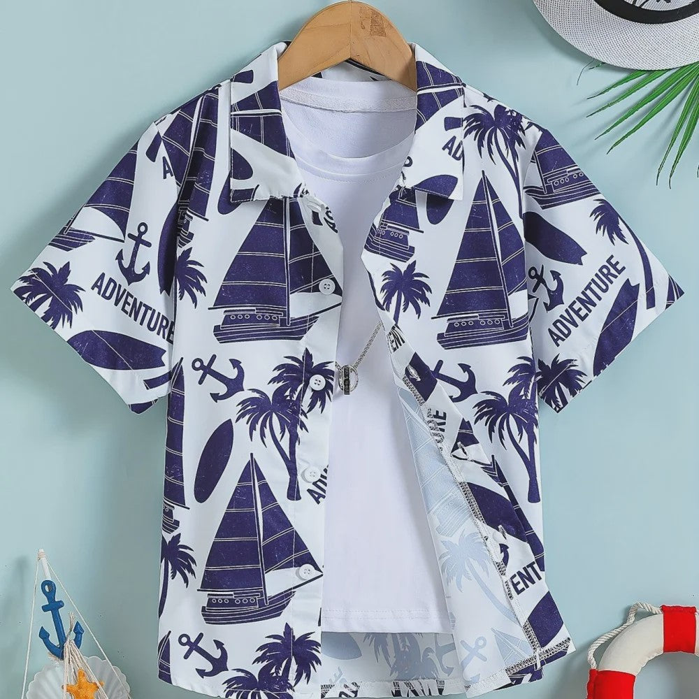 Kinder Hawaii Blouse Korte Mouw met Palmbomen Print - Perfect voor Vakantie en Buitenplezier