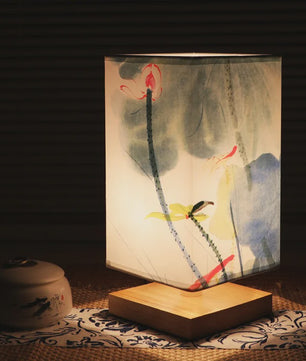 Vintage Houten Tafellamp met Chinees Landschapsschildering - Sfeervolle Decoratie