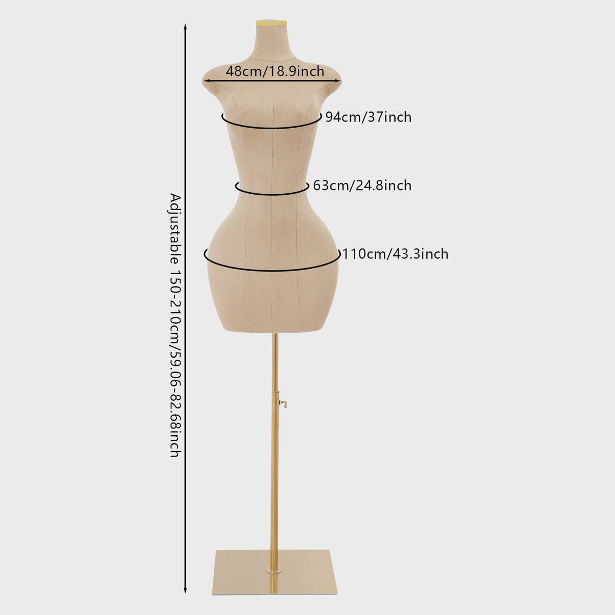 Verstelbare Dames Paspop Torso met Gouden Metalen Standaard - Ideaal voor Kledingpresentatie en Maatwerk