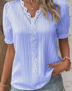 Zomerse Dames Blouse met V-hals en Kantdetails - Korte Mouwen