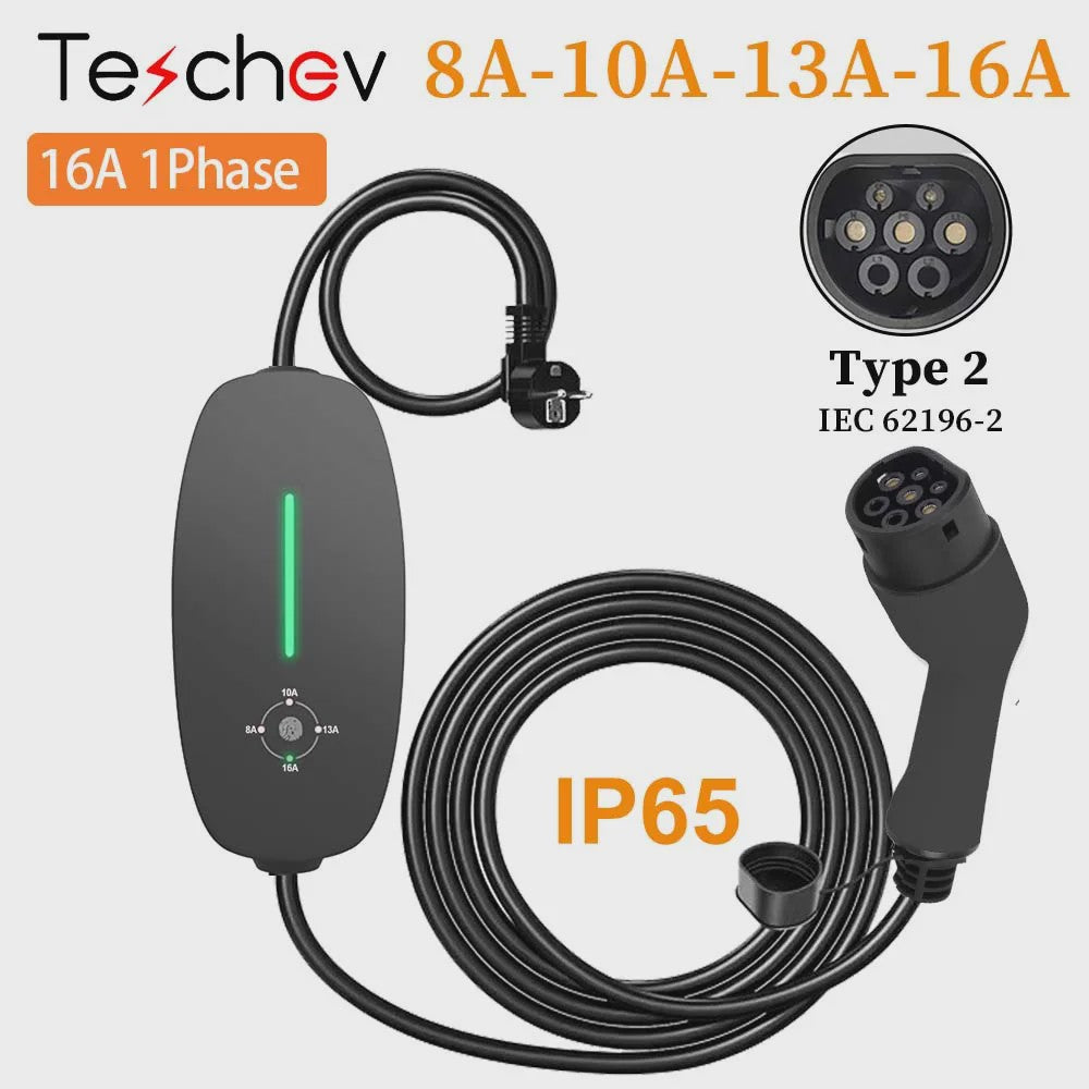 Teschev 3.5KW Draagbare EV Oplader - Type 2 & Type 1, 16A, IP65 Waterdicht