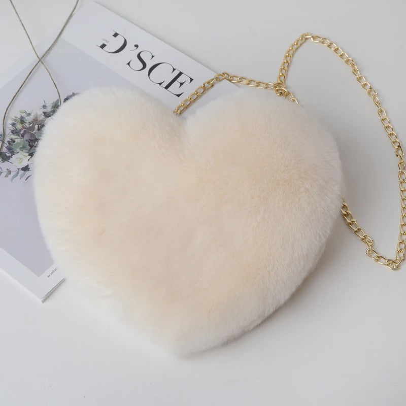 Schattige Hartvormige Pluche Schoudertas met Ketting - Dames Crossbody Tas