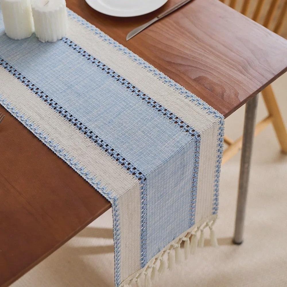 Groene Boho Tafel Runner met Franjes - Handgeweven - Rustiek Lente Decoratie