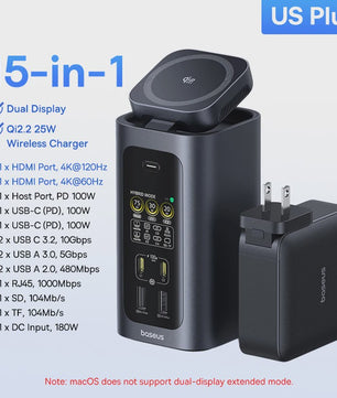 Baseus 15-in-1 USB-C Docking Station: 160W PD, 4K@120Hz HDMI, 25W Draadloze Charger & 180W GaN Adapter