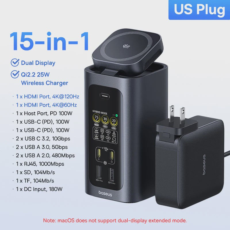 Baseus 15-in-1 USB-C Docking Station: 160W PD, 4K@120Hz HDMI, 25W Draadloze Charger & 180W GaN Adapter