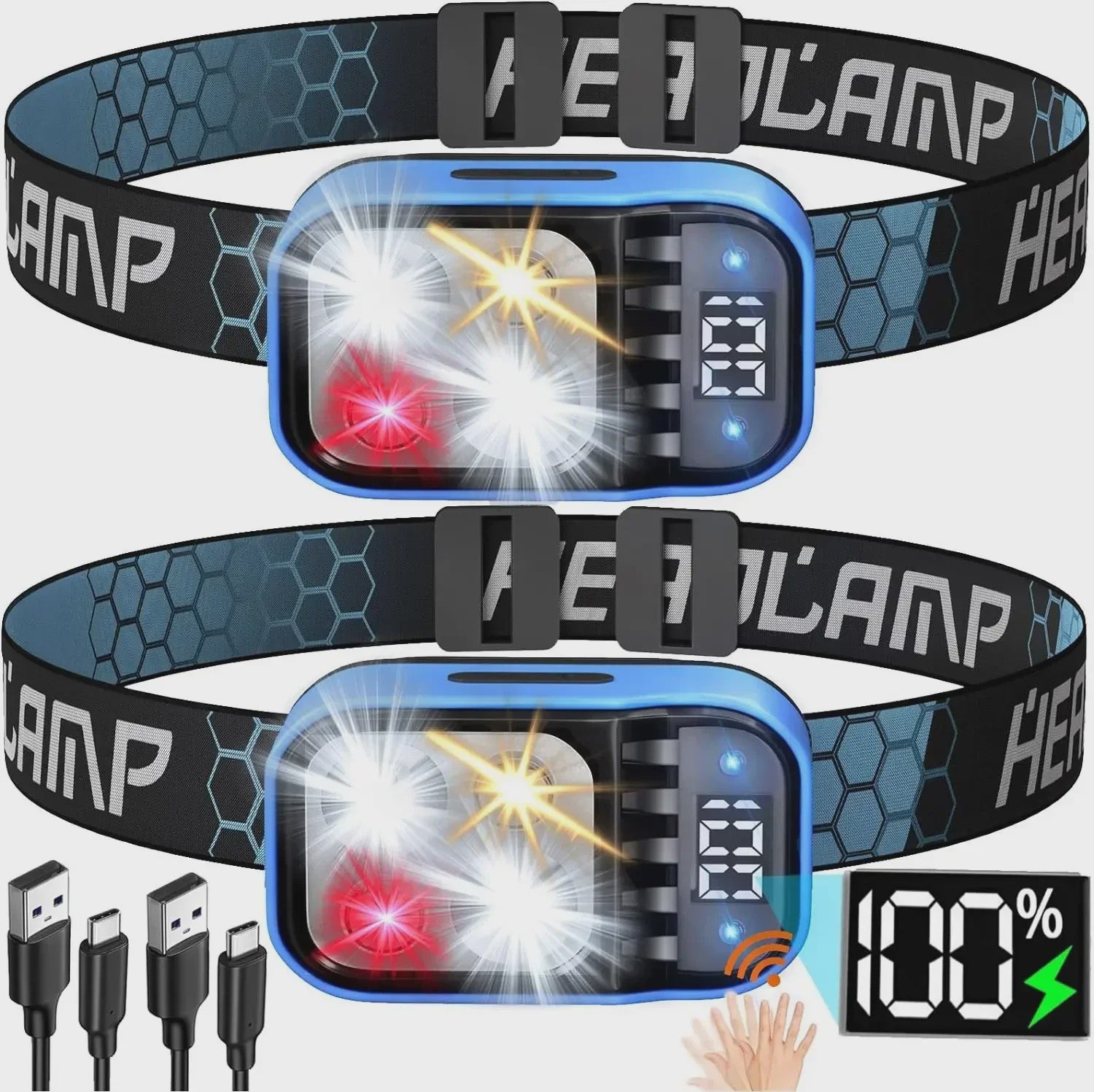 Oplaadbare LED Hoofdlamp met Sensor, Batterij Indicator & Waterdicht Ontwerp - Super Fel