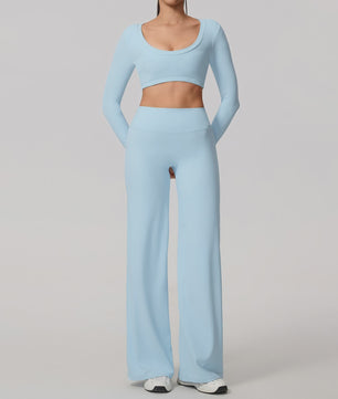 Dames Sportset: Sneldrogende Yoga Top met U-hals en Bell-Bottoms