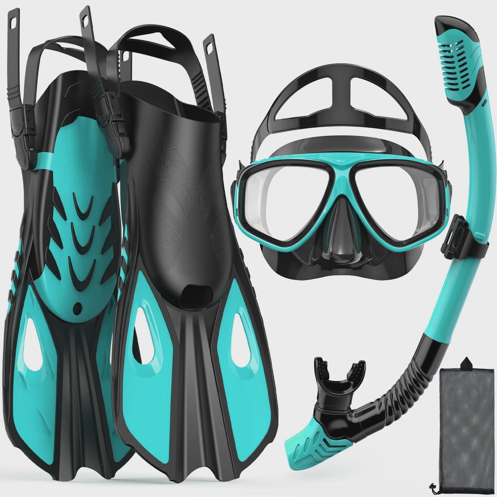 Complete snorkelset voor volwassenen: masker, snorkel, flippers en tas