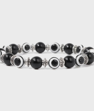 Set van 2 Handgemaakte Natuursteen Armbanden met Hanger Oog van Fatima & Lavasteen/Hematiet
