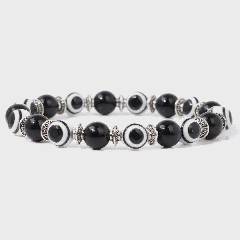 Set van 2 Handgemaakte Natuursteen Armbanden met Hanger Oog van Fatima & Lavasteen/Hematiet