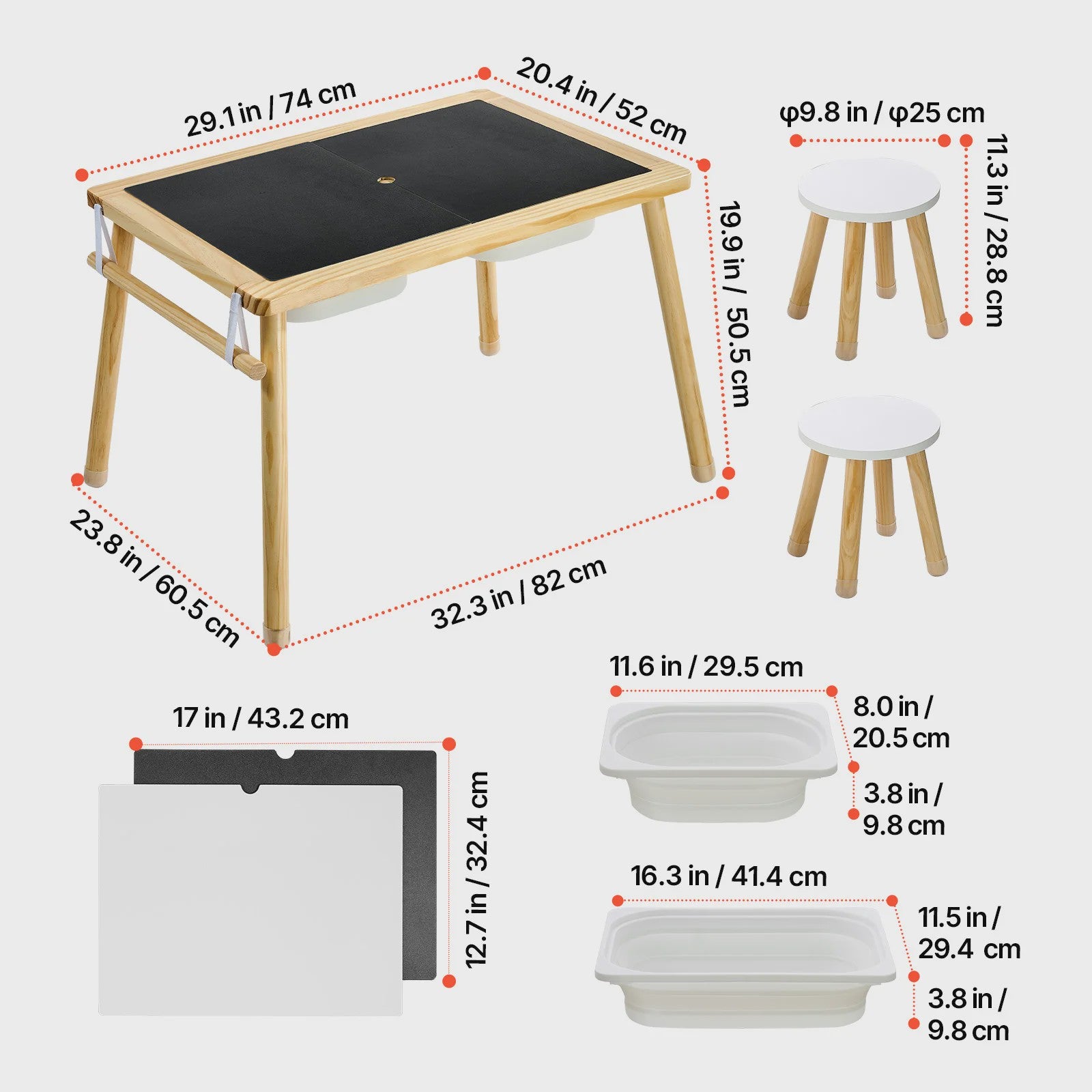 Houten Sensorische Activiteitentafel voor Kinderen met 3 Opbergbakken & Dubbelzijdig Bord