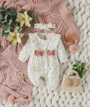 Schattige Baby Meisjes Jumpsuit met Bloemenprint, Lange Mouwen, Strikjes & Hoofdband - 0-6 Maanden