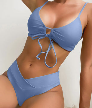 Dames Bikini Set Zomer 2025 - Hoge Elasticiteit, Kant-up Stijl, Effen Kleur