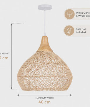 Boho Rotan Hanglamp met Houten Top - Sfeervolle Verlichting voor Woonkamer, Keuken & Eetkamer