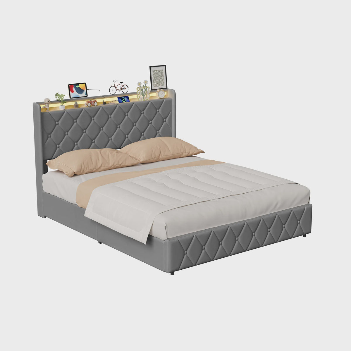 Modern Gestoffeerd Bed met Hydraulische Opbergruimte - 90x200cm of 140x200cm