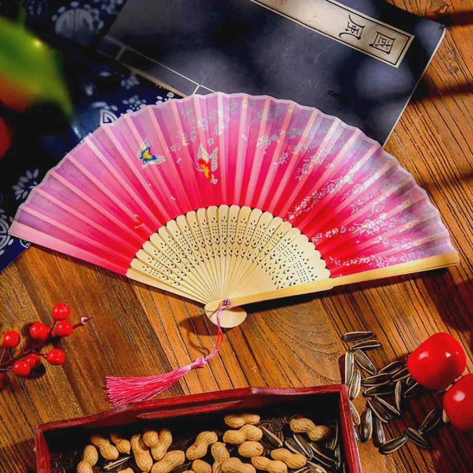 Vintage Zijden Vouwbare Handwaaier - Chinees/Japans Bamboe, Perfect voor Dans & Decoratie
