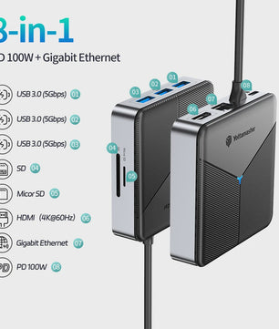 Yottamaster 8-in-1 USB-C Docking Station Hub met 100W PD, 4K@60Hz HDMI, RJ45, SD/TF Kaartlezer & Audio